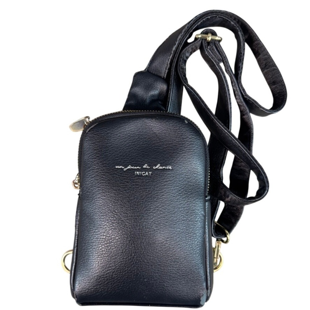 INICAT Small Sling Bag Black Pebbled Vegan Leather Crossbody Gold Hardware